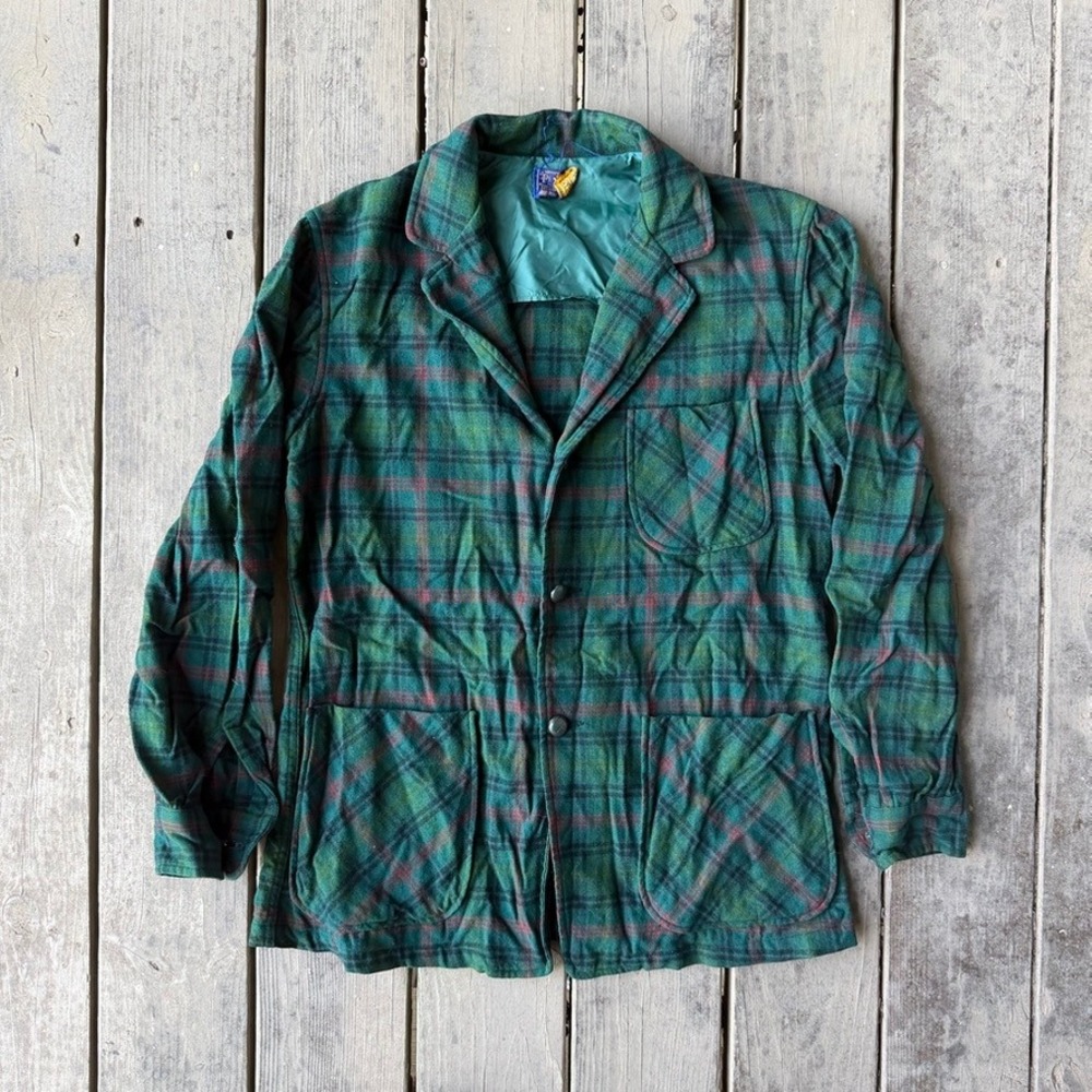 Pendleton Vintage Wool Flannel Chore Coat Green Plaid Jacket Mens Small Blazer